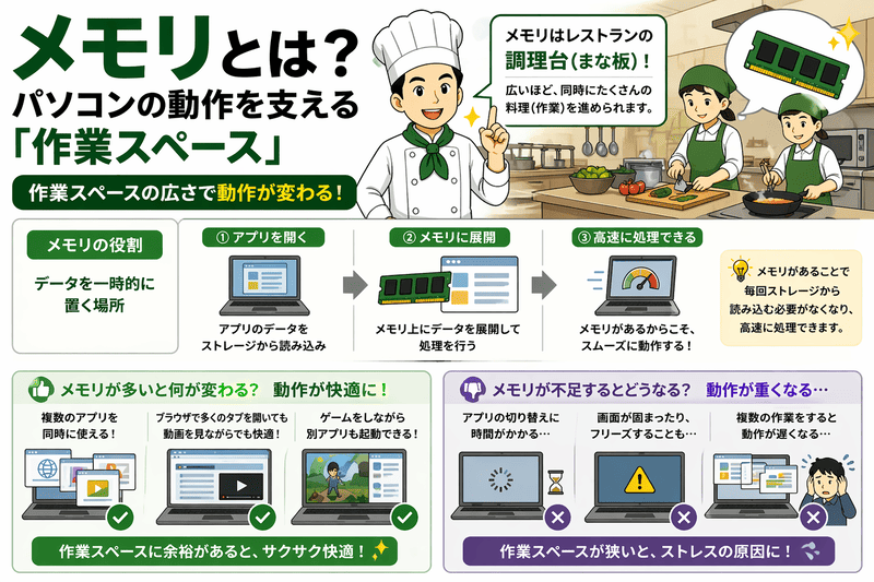 メモリとは何かを解説した図。パソコンの動作を支える作業スペースとして紹介