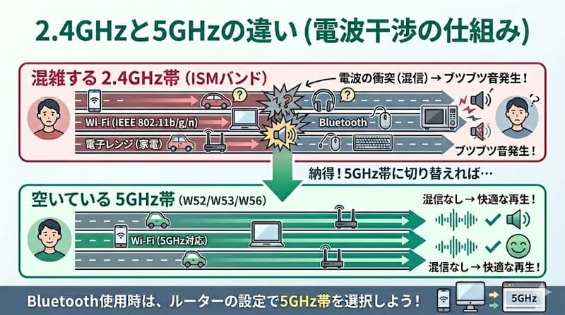 Wi-Fiの2.4GHzと5GHzの違いとBluetooth干渉の仕組み