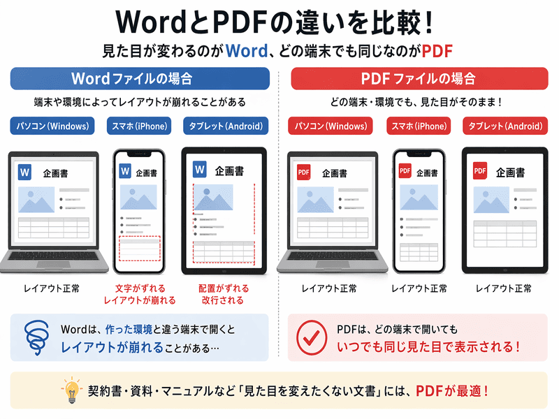 WordとPDFのレイアウトの違いを比較した図（PDFはどの端末でも同じ表示になる）
