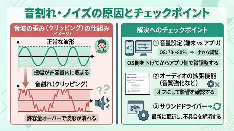 YouTubeの音割れやノイズの原因と対処ポイントの図解