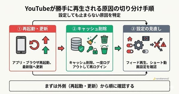 YouTubeが勝手に再生される原因の切り分け手順(再起動・キャッシュ削除・設定見直し)