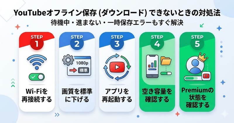 YouTubeオフライン保存（ダウンロード）できないときの対処法5つ（Wi-Fi再接続・画質を下げる・アプリ再起動・容量確認・Premium確認）