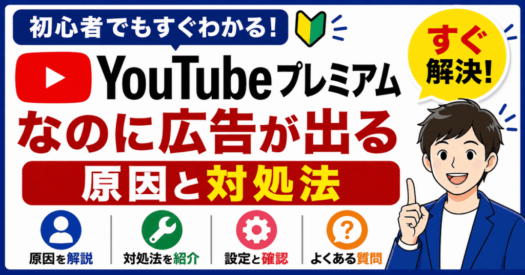 YouTubeプレミアムなのに広告が出る原因と対処法を解説したイメージ