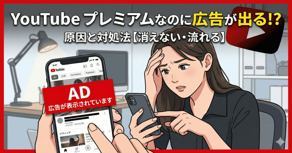 YouTubeプレミアムなのに広告が出る原因と対処法を解説したイメージ