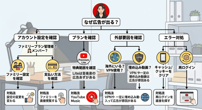 YouTubeプレミアムなのに広告が出る原因と対処法を図解で説明したフローチャート