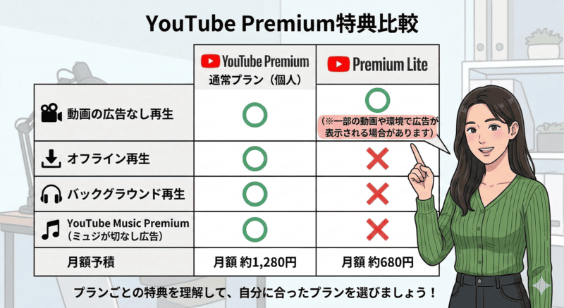 YouTube PremiumとPremium Liteの違いと広告の有無を比較した図