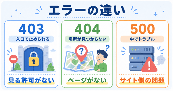 403エラーと404エラーと500エラーの違いを初心者向けに説明した図解