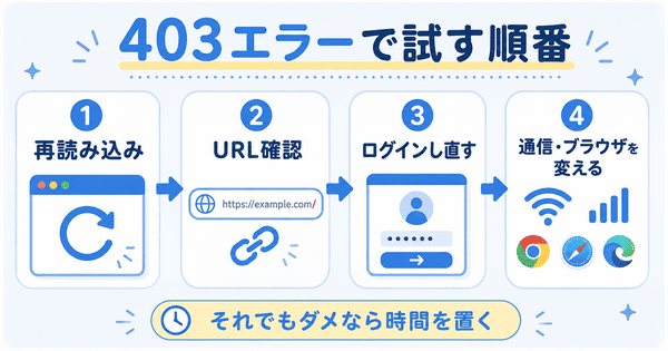 403エラーが出たときに再読み込みやURL確認やログインし直しを試す順番を説明した図解