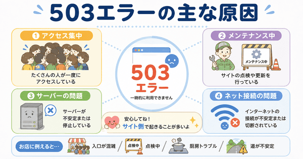 503エラーの原因としてアクセス集中、メンテナンス、サーバーの問題、ネット接続の問題を説明した図解