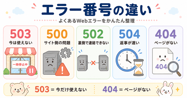 503、500、502、504、404エラーの違いを初心者向けに整理した図解
