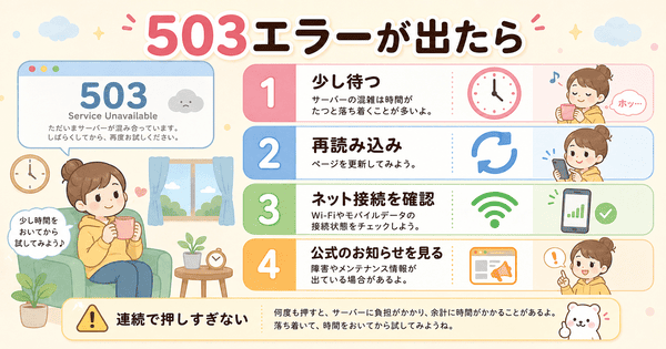 503エラーが出たときに少し待つ、再読み込み、ネット接続確認、公式のお知らせ確認をする流れの図解