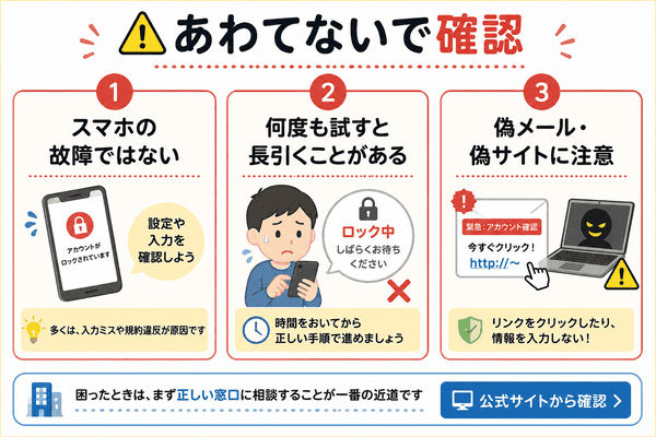 アカウントロックでスマホ故障や何度もログインや偽サイトに注意する図解