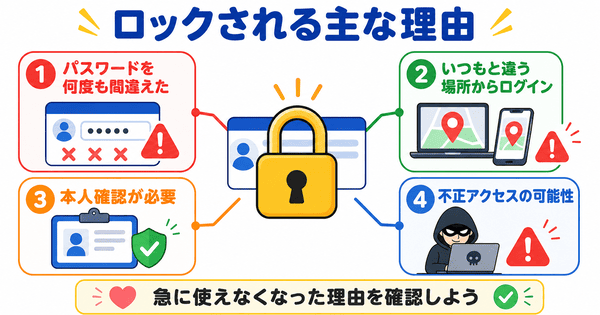 アカウントロックが起きる原因をパスワード間違いや不正アクセスで説明した図解