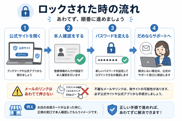 アカウントロックされた時に公式サイトから本人確認やパスワード再設定を行う流れ