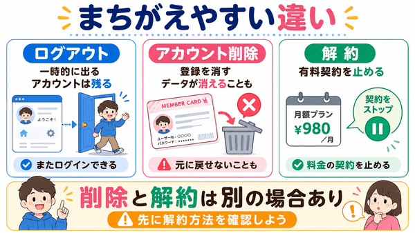 ログアウトとアカウント削除と解約の違いを初心者向けに説明した図解