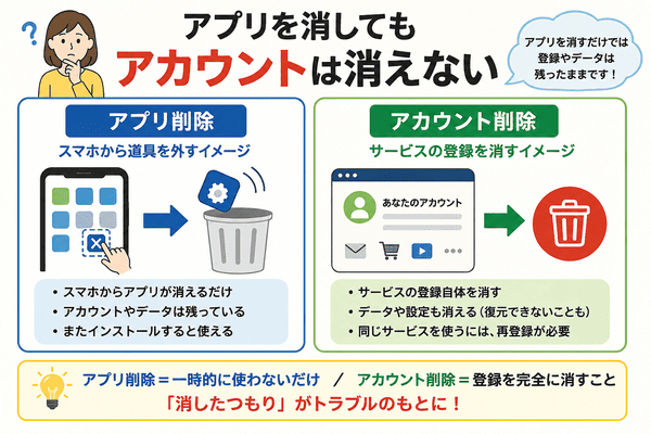 アプリを削除してもアカウントは消えないことを説明した図解 理由