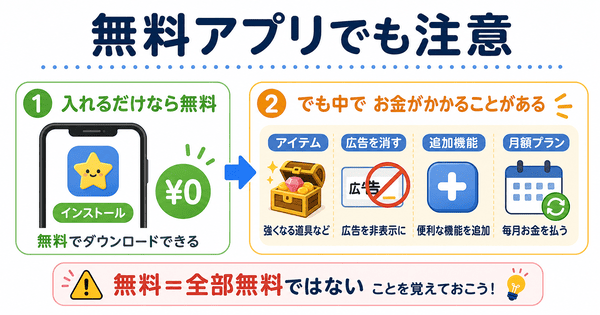 無料アプリでもアプリ内課金や月額プランでお金がかかる場合があることを説明した図解