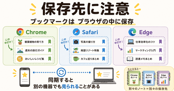 ブックマークがブラウザごとに保存され同期すると別の機器でも見られることを説明した図解