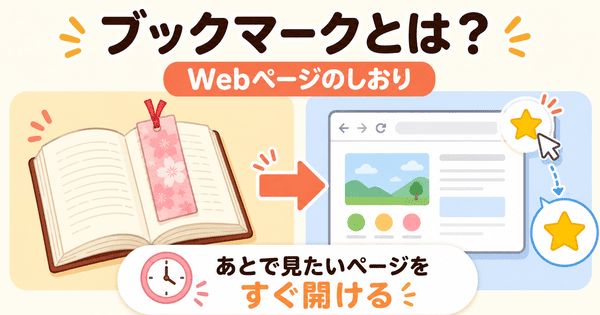 ブックマークとはWebページのしおりのようにあとで見たいページを保存する機能であることを説明した図解
