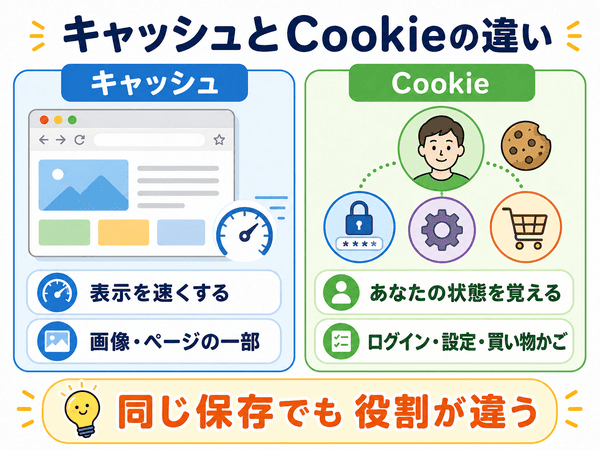 ブラウザのキャッシュとCookieの違いを初心者向けに比較した図解