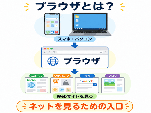 ブラウザとはインターネットを見るための入口であることを説明した図解