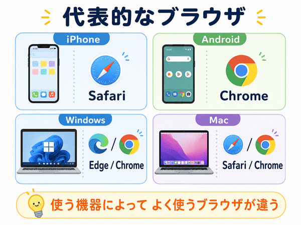 スマホとパソコンで使われる代表的なブラウザの種類をまとめた図解