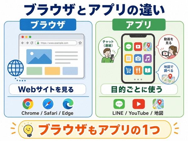 ブラウザとアプリの違いを初心者向けに比較した図解