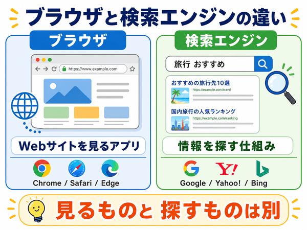 ブラウザと検索エンジンの違いを初心者向けに説明した図解