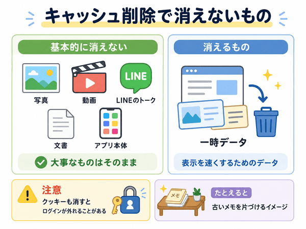キャッシュ削除で写真やLINEのトークやアプリ本体は基本的に消えないことを説明した図解