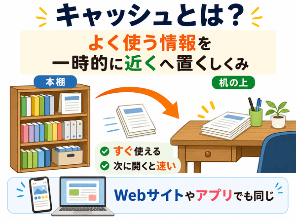 キャッシュとは一時的に情報を近くへ保存する仕組みを説明した図解