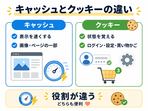 キャッシュとクッキーの違いを初心者向けに比較した図解