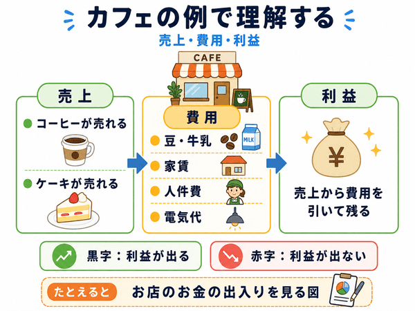 カフェの例で売上、費用、利益の違いを説明した図