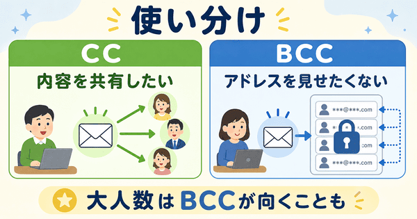 CCとBCCの使い分けを内容共有とメールアドレスを見せない目的で説明した図解
