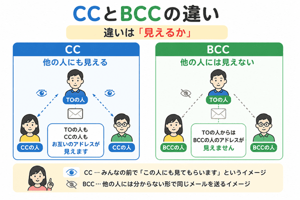 CCとBCCの違いを他の相手に見えるかどうかで説明した図解