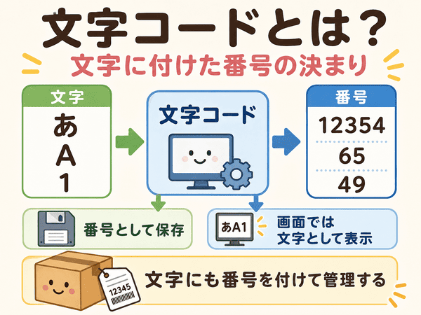 文字コードとは文字に番号を付けてパソコンで扱うための決まりを説明した図解
