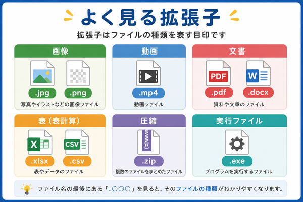 画像や動画や文書や表計算など代表的な拡張子の種類を説明した図解