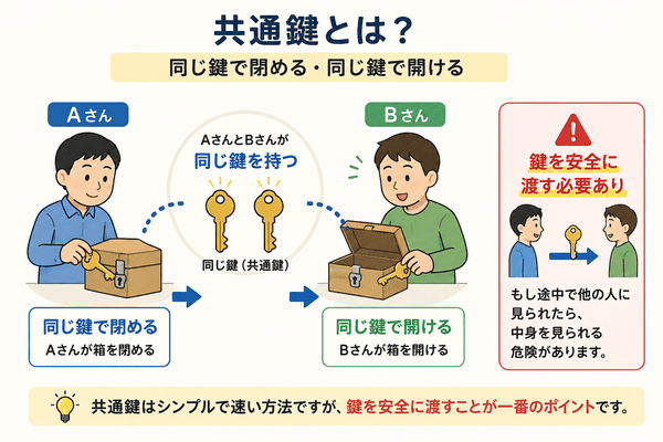 共通鍵は同じ鍵で暗号化と復号を行うことを説明した図