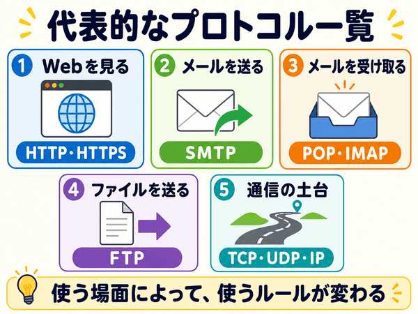 HTTPやSMTPやTCPなど代表的なプロトコルを用途別に整理した初心者向け図解