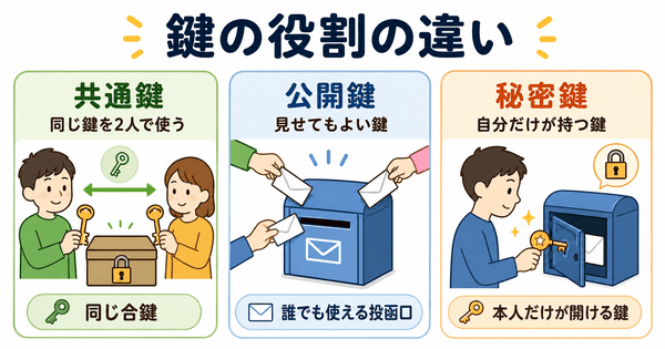 共通鍵と公開鍵と秘密鍵の違いを初心者向けに説明した図