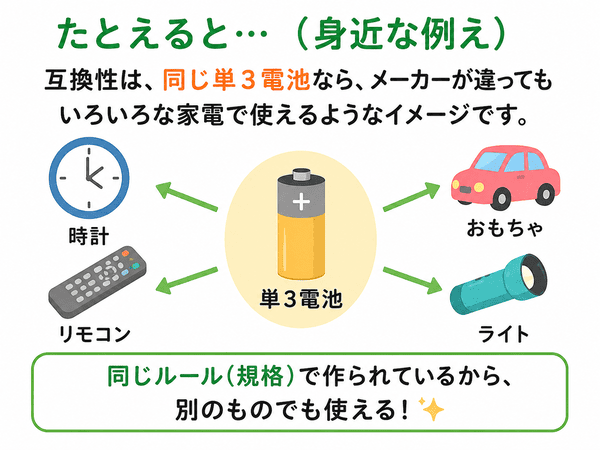 互換性を同じ単3電池なら別の家電でも使える例で示した図