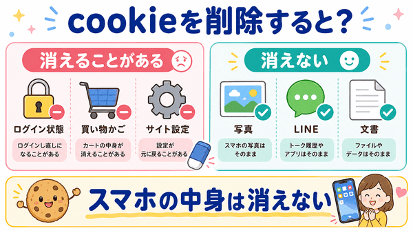 cookieを削除すると消えるものと消えないものを説明した図解