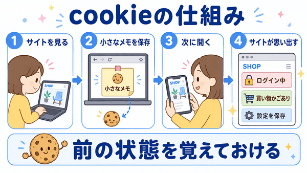 cookieの仕組みをサイトを見る流れで説明した図解