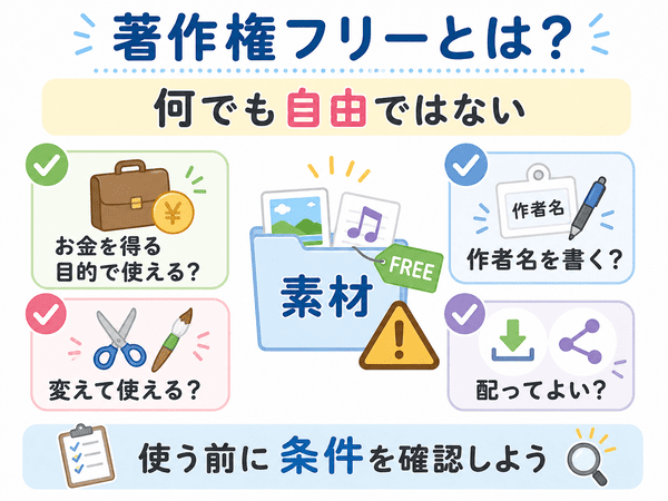 著作権フリー素材でも商用利用、加工、作者名表示、再配布の条件確認が必要なことを示した図