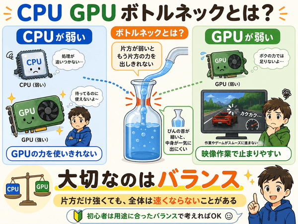 CPUとGPUのボトルネックをびんの首の例えで説明した初心者向け図解
