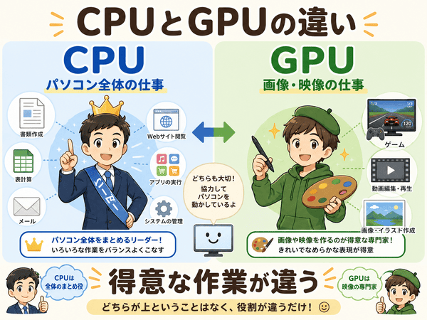 CPUとGPUの違いを初心者向けに役割別で説明した図解