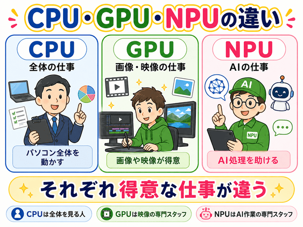 CPUとGPUとNPUの違いを初心者向けに役割別で説明した図解