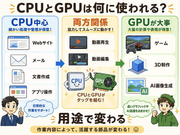 CPUとGPUが使われる場面を用途別に整理した初心者向け図解