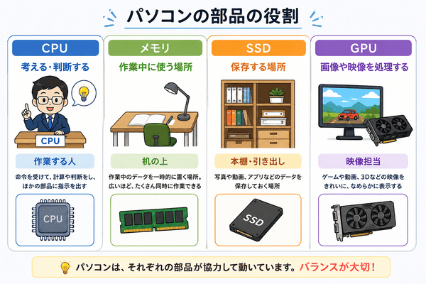 CPUとメモリとSSDとGPUの役割の違い