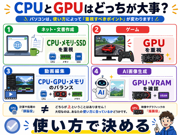 CPUとGPUのどちらを重視するかを用途別に説明した初心者向け図解