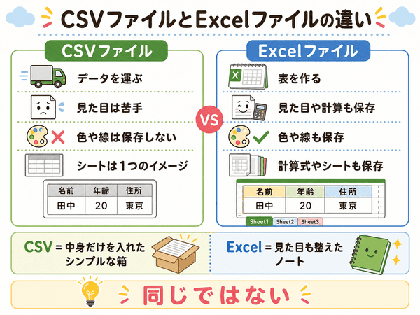 CSVファイルとExcelファイルの違いを初心者向けに比較した図解